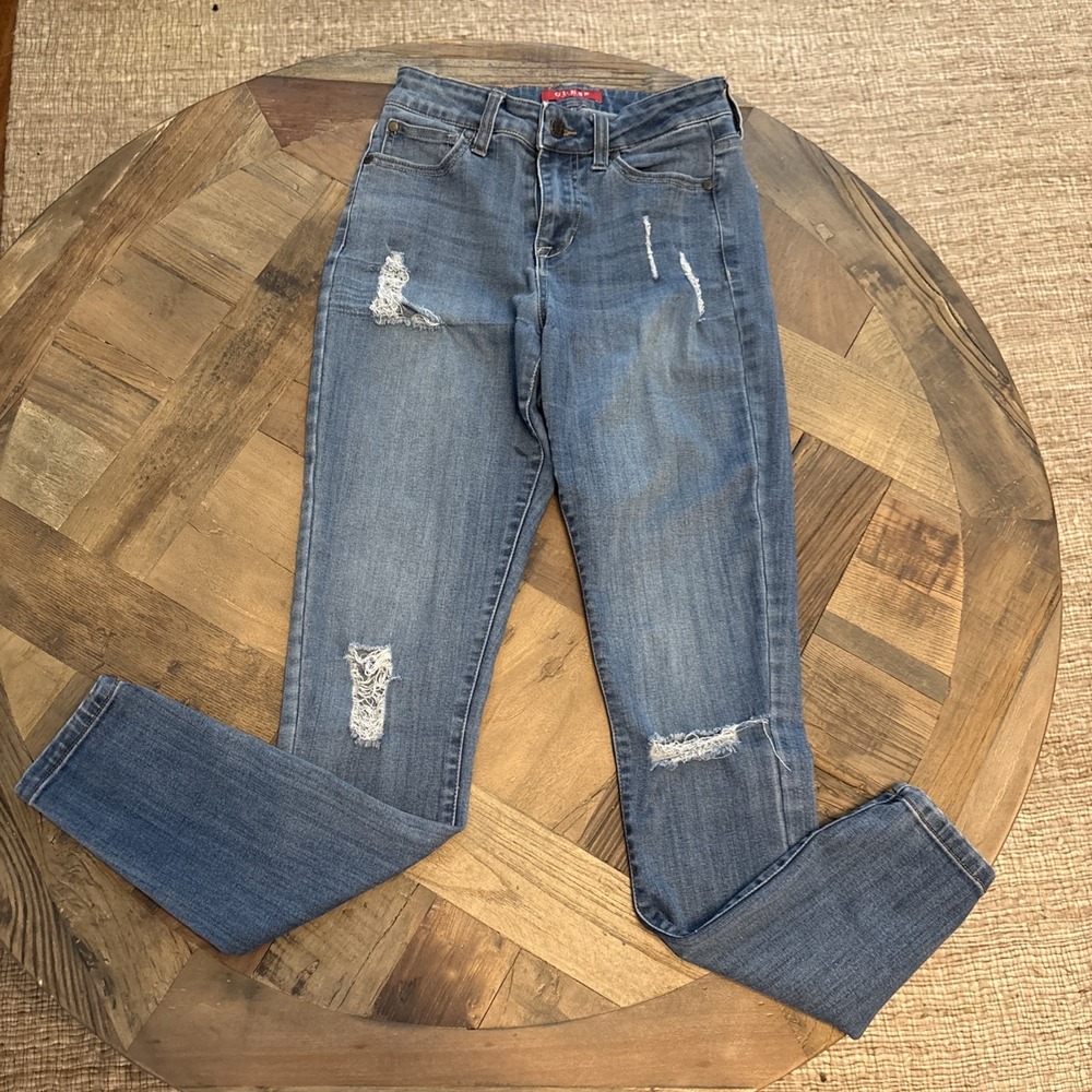 Guess Power Stretch Skinny Jeans Blue Distressed Ripped Medium Wash 26x28